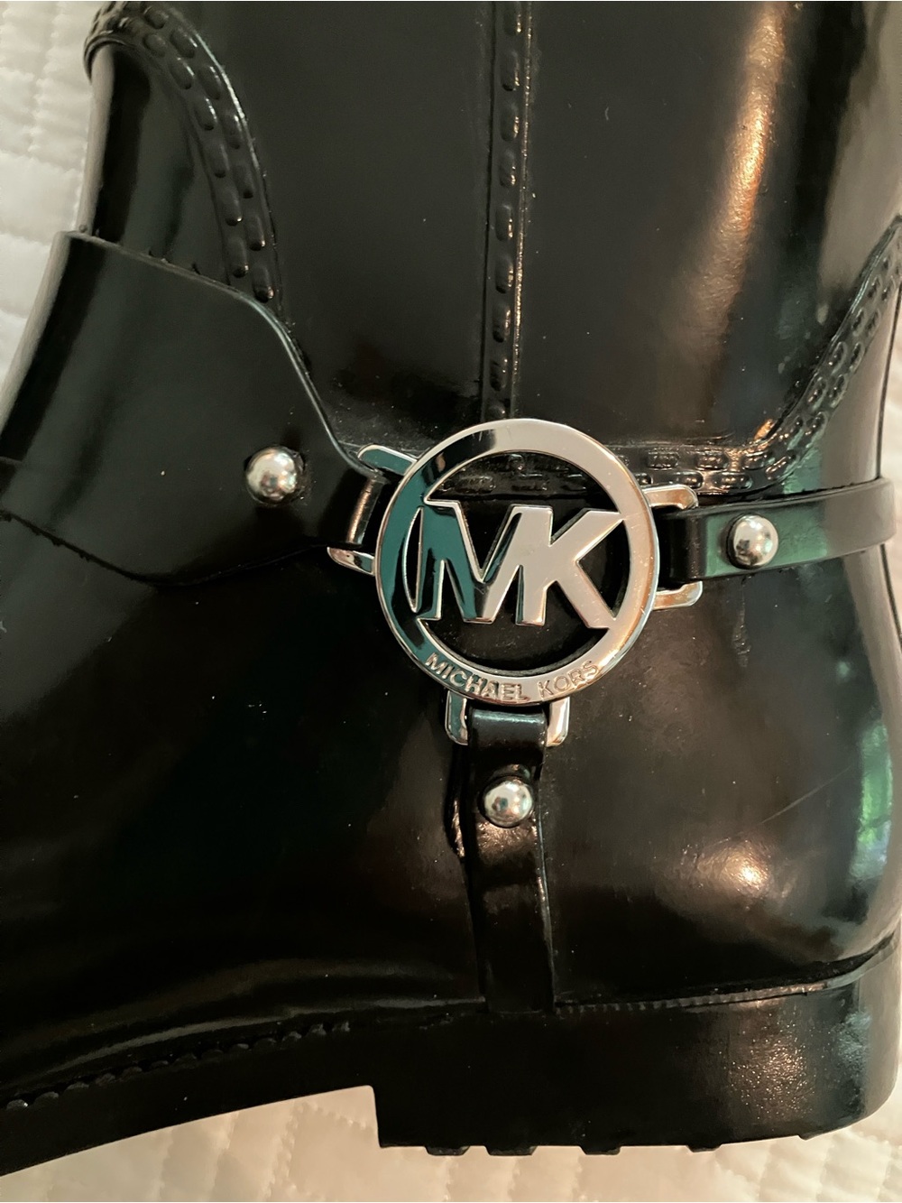Michael Kors Black Patent Tall Rain Boots with Silver MK Accent size 8
